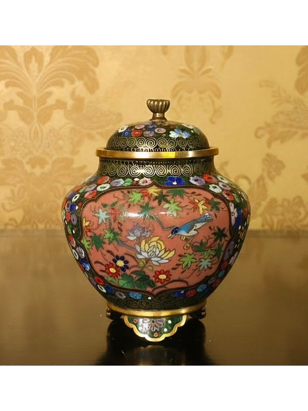 Chinese Cloisonné Jar With Floral & Bird Motif Brass Accents  Multicolor 3.5"